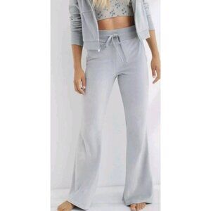 Aerie Womens Velour Track Suit Zip Hoodie & Wide Leg Pant Set XL Lt Gray Blue